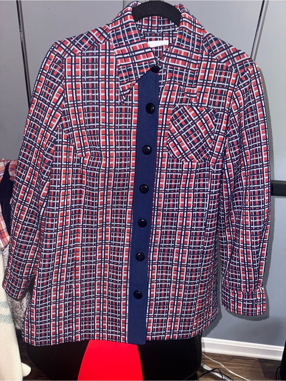 Vintage 70sCasual Plaid Button-Down Shirt - Navy & Red sz L